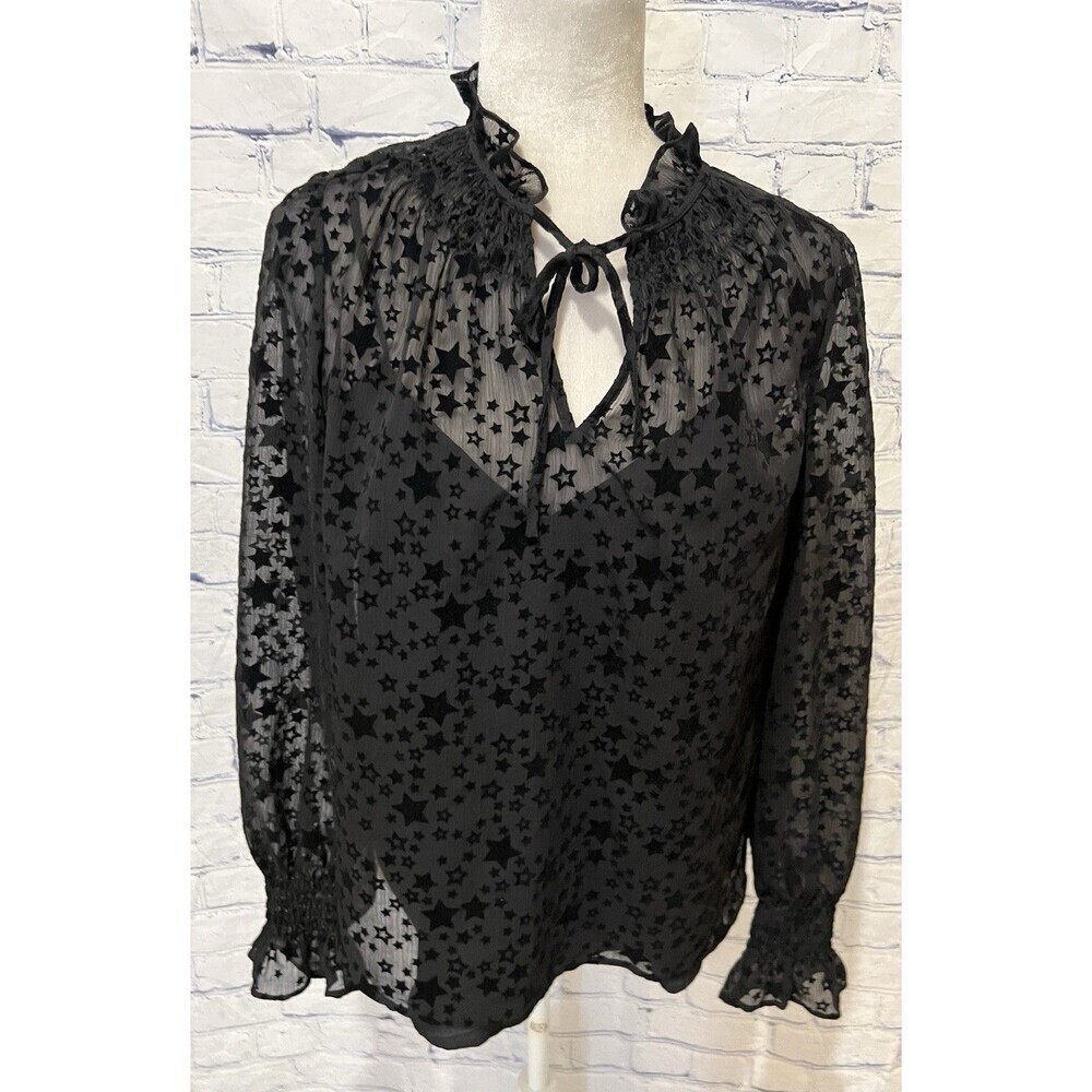 Ann Taylor Loft Star Ruffle Tie Neck Sheer Long Sleeve Blouse Black Small